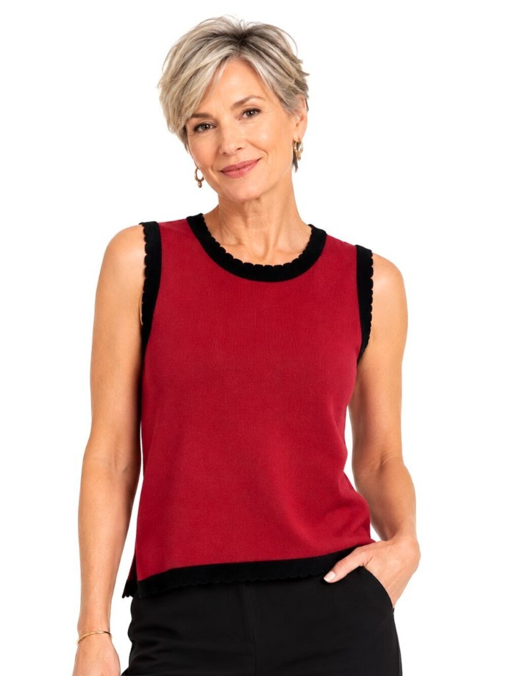 Vintage Misook Petite Red Black Scallop Trim Sleeveless Knit Top